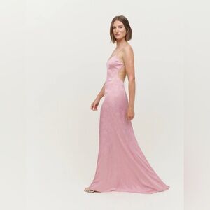 Reformation Allium Dress, pink silky, low back, train, deadstock fabric